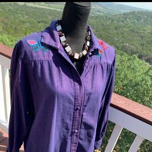 Vintage Rare Purple Embroidery Denim Button‎ Down Shirt